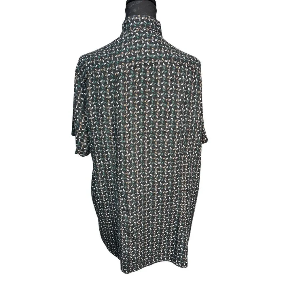 Mango MNG Slim Fit Button Up Shirt Men L Black Geometric Print Short Sleeve